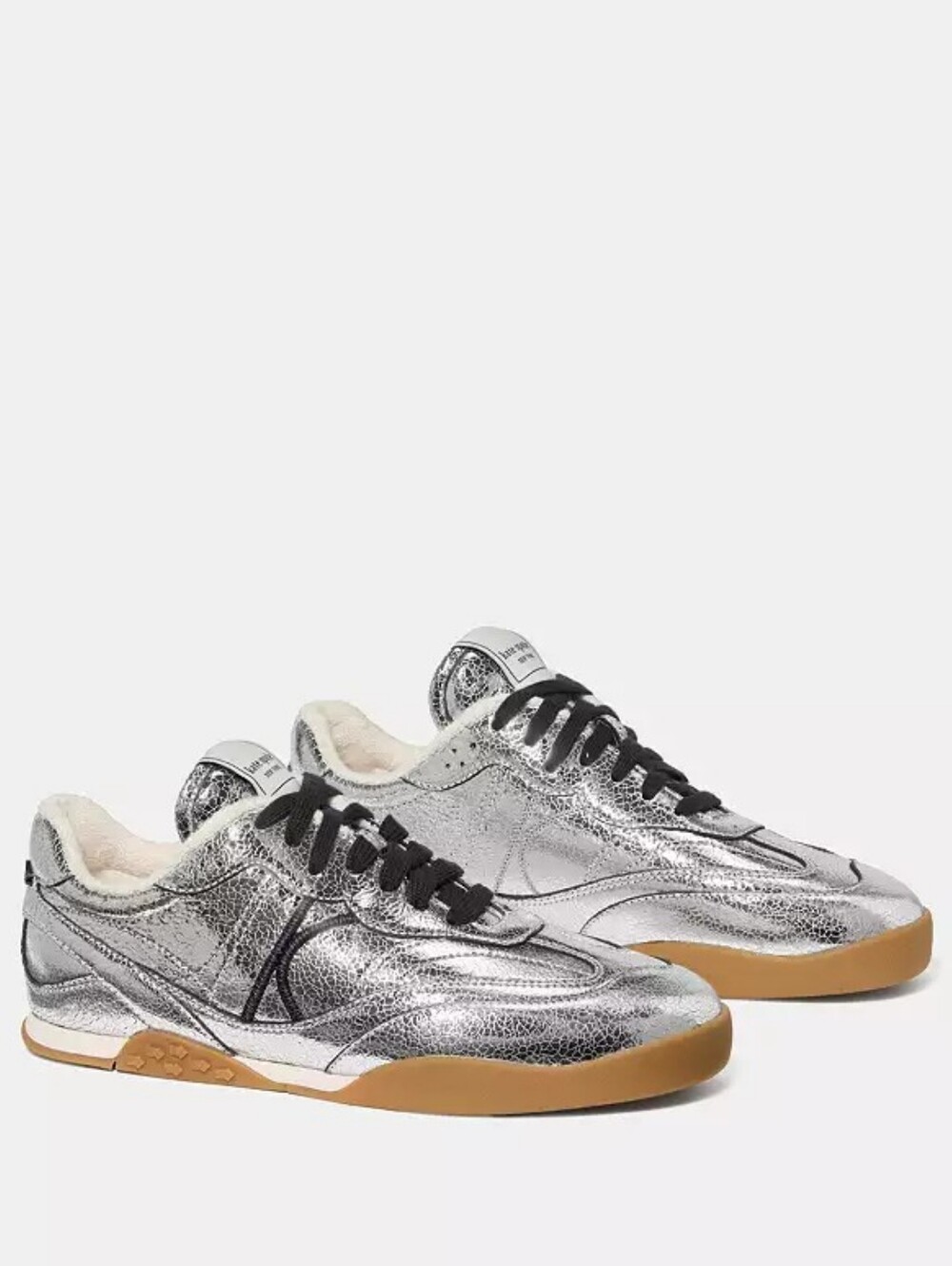NEW! Kate Spade Silver Crackle Leather Sneakers with Navy Laces Sells For $228.